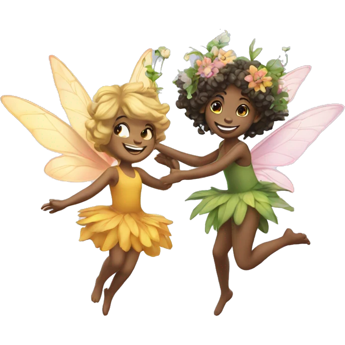 two fairies flying, beautiful, flowers in hair, smiling emoji