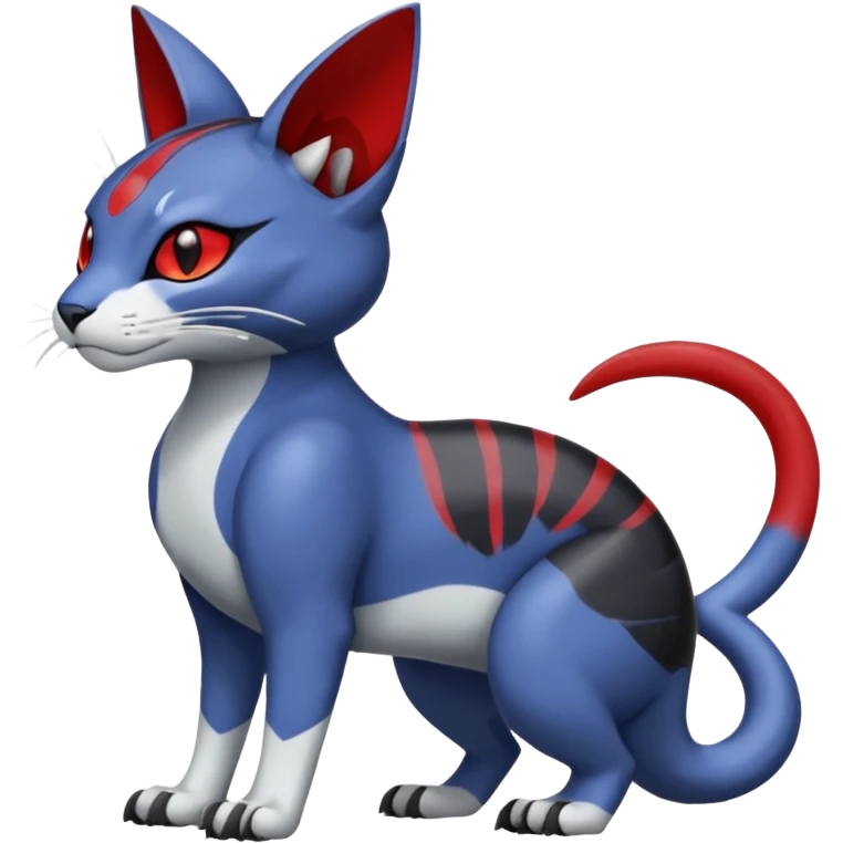 Dark-greyish-blue-grey-black, with red markings, white belly, scaley Bastet-Noibat-Gatomon-Digimon-Fakémon-Pokémon-creature (full body) emoji