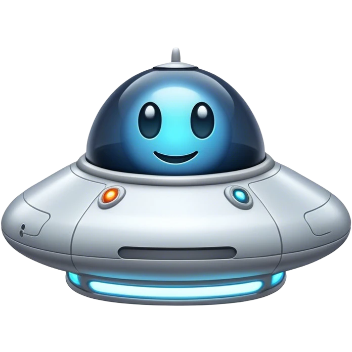 Design a simple, friendly spaceship with a smooth, rounded shape. Add a clear 'face' on the front using glowing lights for eyes and a curved line for a smile, giving it personality. Use a plain background to keep the focus on the ship. emoji