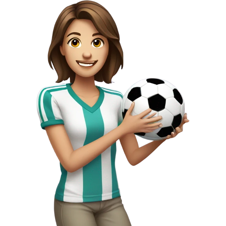 Pretty woman with short brown hair holding a soccer ball emoji