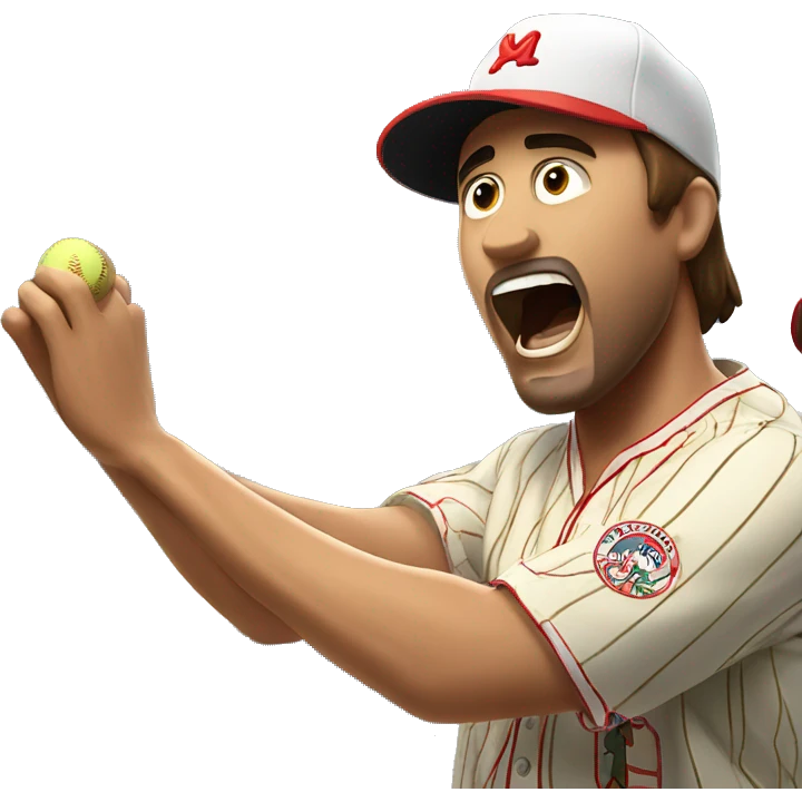 Man with brown hair wearing a hawaiian shirt yells at pinstripe wearing Latino baseball player emoji