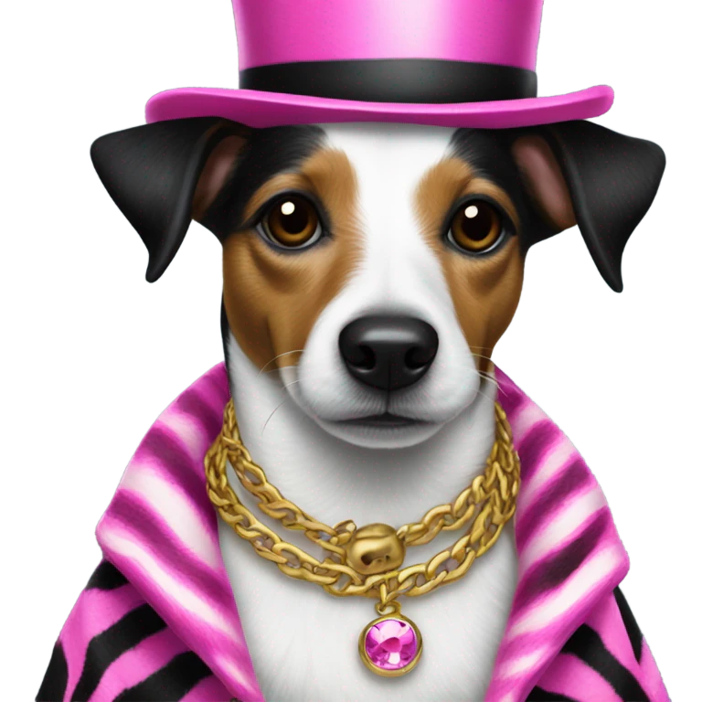 Black jack russell dog with top hat on wearing a pink zebra coat and a gold chain  emoji