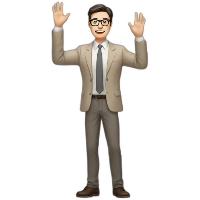 Full height Actively gesturing with hands Pale skinned fit man with dark brown hair in gray jacket, beige office shirt, brown tie, brown pants and vintage glasses. emoji