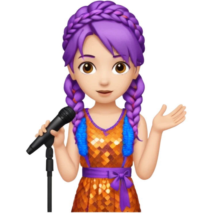 girl in orange blink dress, purple braided hair, holding a mic



















 emoji