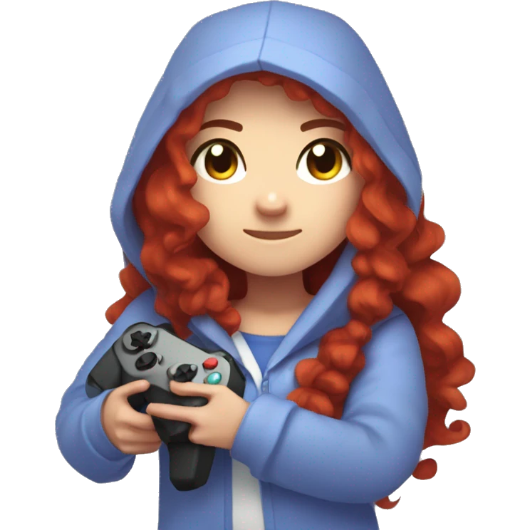 a white minecraft  girl with long red curly hair, wearing periwinkle Minecraft hoodie holding a controller emoji