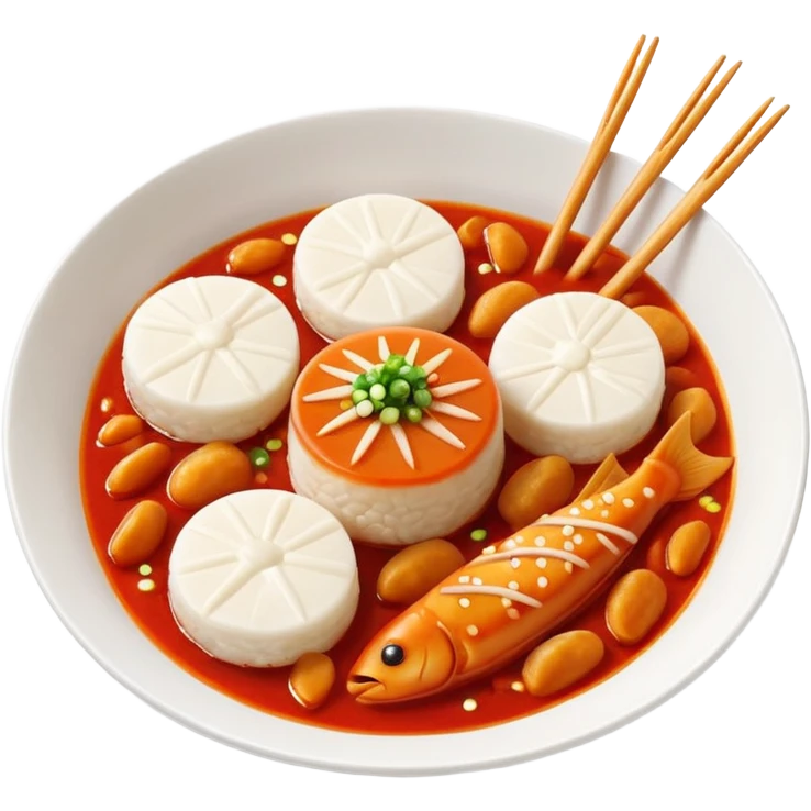 떡볶이, rice cakes and fish cakes in spicy sauce, playful and bright emoji