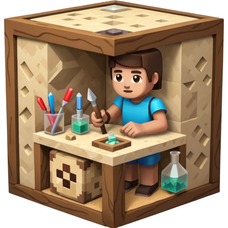 minecraft crafting station in a minecraft cube style with tools, stone, wood, glass, sand, ... emoji