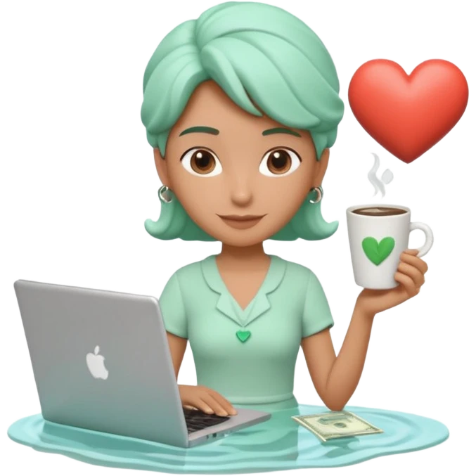 3D clay character relaxed with laptop and coffee, floating icons (envelope, heart, dollar), mint green (#34D399) outfit, coral (#FF7F6B) floating icons, white laptop, Pixar style, transparent background emoji