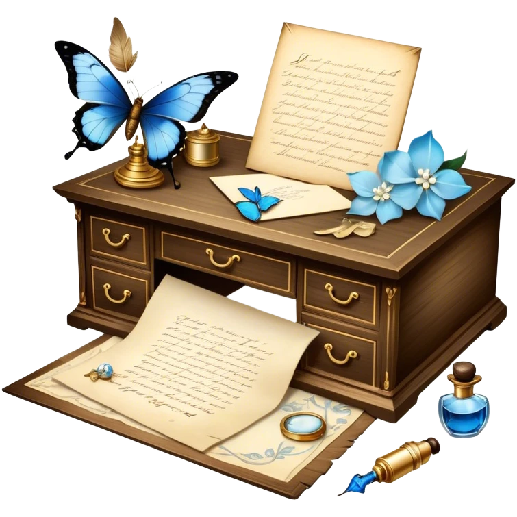 A poetic still life of an antique wooden desk adorned with an ink-stained love letter, a golden-tipped quill resting beside it. A translucent blue butterfly flutters near an elegant perfume bottle, surrounded by ivory gardenias and scattered pearls. emoji