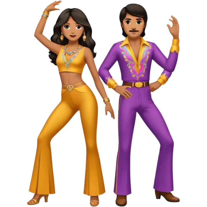 hombre y mujer bailando con ropa de disco de los 70s ambos con pantalones largos, ambos de pelo oscuro emoji