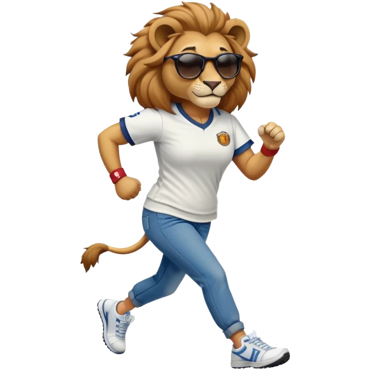 confident anthropomorphised female lion wearing a baseball shirt, jeans, trainers, dark sunglasses, jogging upright, looking self-assured emoji
