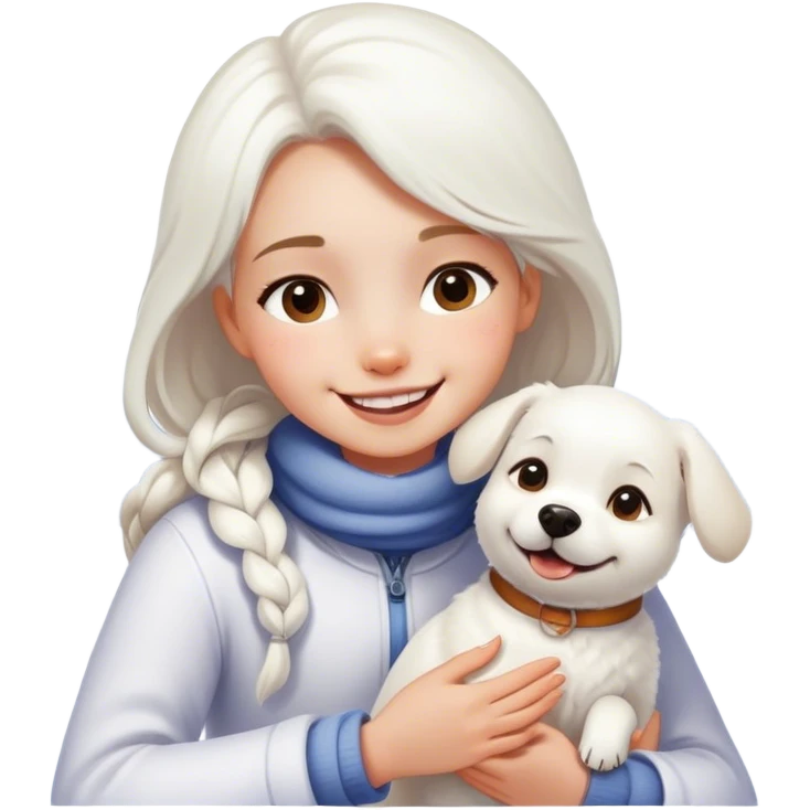girl smiling with White dog in snow emoji