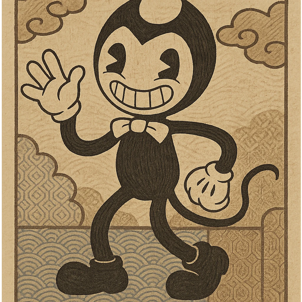 Bendy from Bendy and the Ink Machine, cartoon demon with a mischievous smile, black and white, classic rubber hose animation style emoji