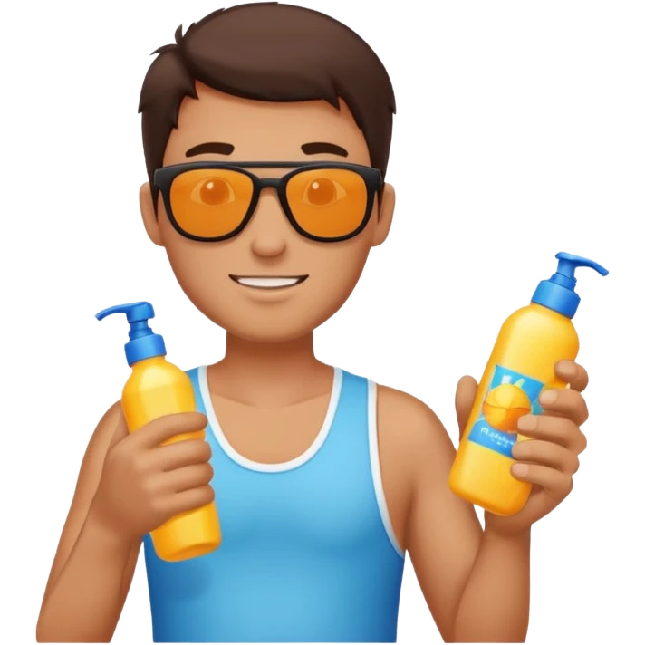 
male brunet suncream bottle and sunglasses, with sun burned emoji