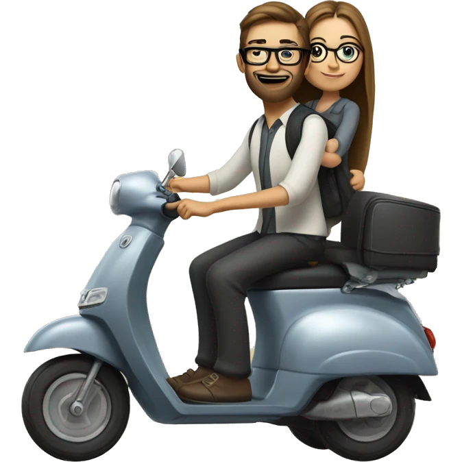 Boy with long hair, beard, and glasses, riding a black scooter with a girl on the back wearing glasses and trousers and blouse  emoji