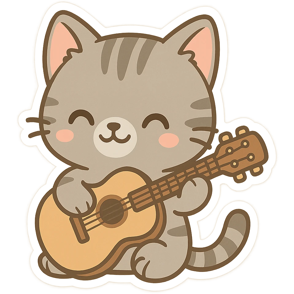 grey tabby cat strumming a guitar, cartoon style emoji