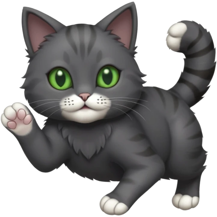 solid dark grey cat with green eyes, completely solid grey face, white toes/paws playfully rolling upside down emoji