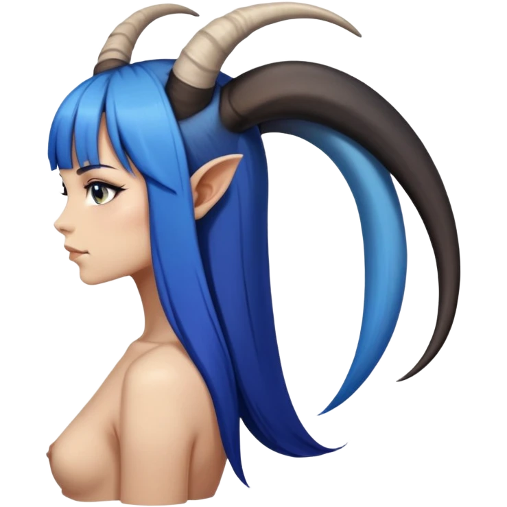 Art of woman's very sexy body scheme anatomy-very long straight black to blue hair ombre-right other side view-small goat horns emoji