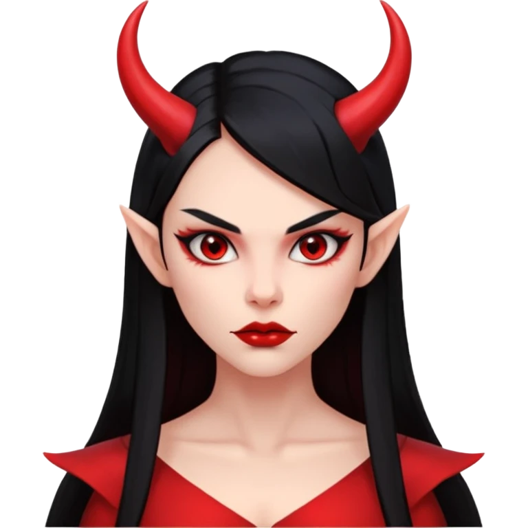 Head only demon girl, strong pronounced cheekbones, sharp angular jawline, skin fully pure red everywhere, long straight sleek black hair, small ho emoji