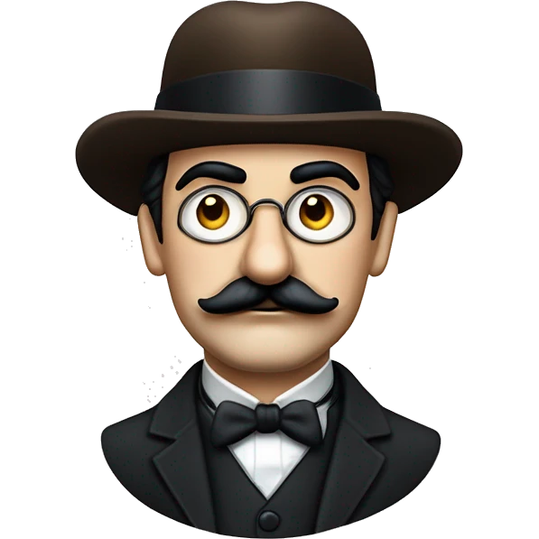 Hercule Poirot. Tête ronde. moustache peignée. Crâne chauve. Sourcils Yeux marrons. Lunettes binocles. Chapeau. Sourcils épais. emoji