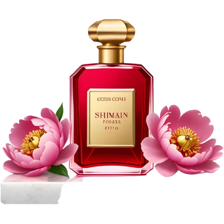 "A vintage red perfume flacon with a golden cap, set among pink peonies on a marble vanity. The soft glow highlights its old-world charm and refined elegance." emoji