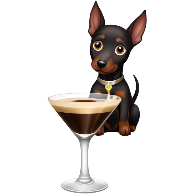 Black Miniature Doberman with cropped ears, sitting in an espresso martini emoji
