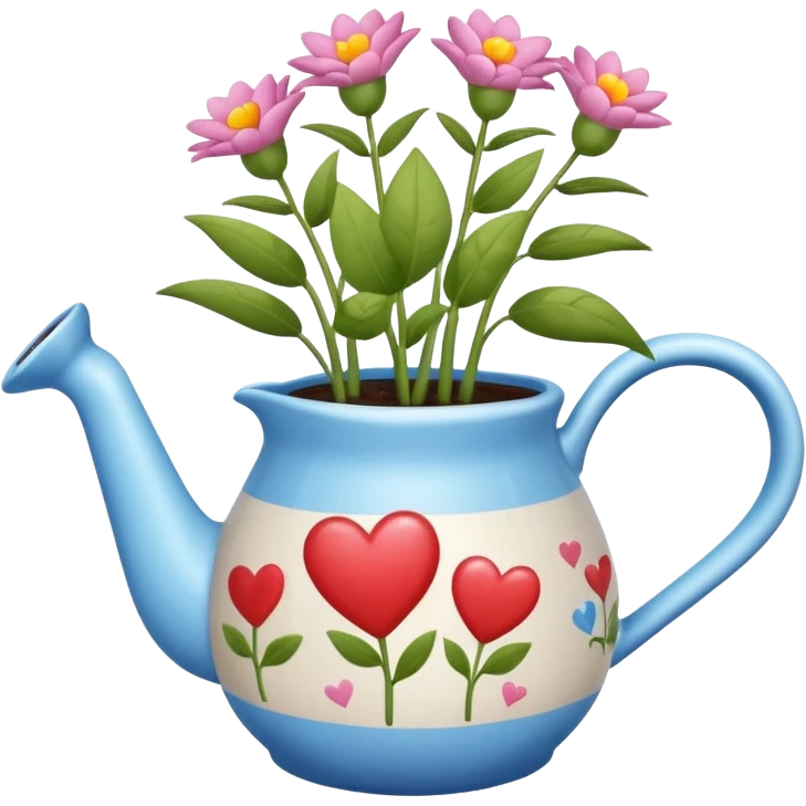 i want a watering jug with legs watering 3 plans in increasing height with hearts in the flowers emoji