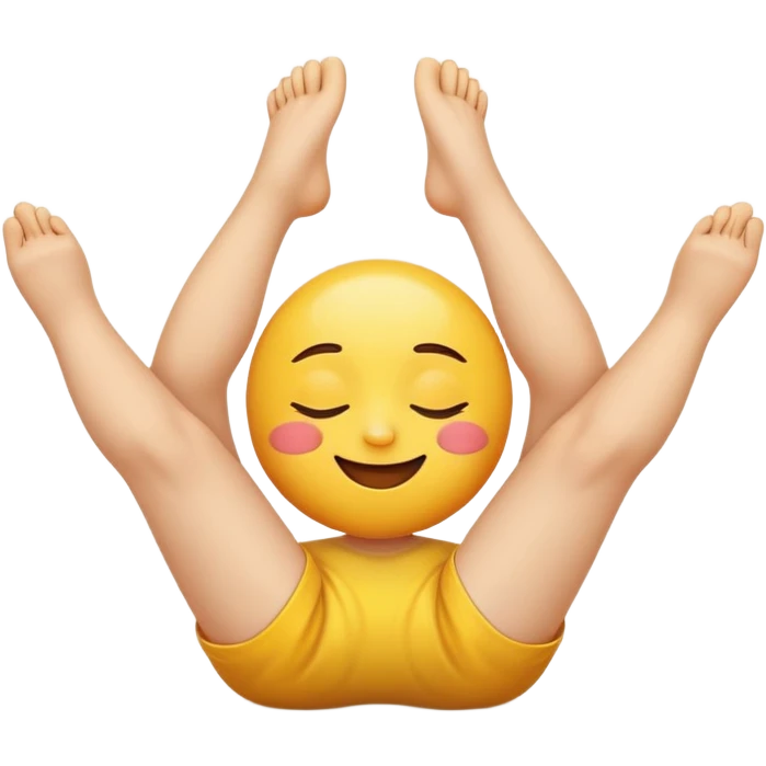 Smiling yellow emoji with eyes closed, resting face in hands, legs lifted over head, feet touching above. emoji