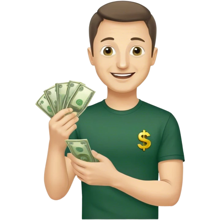 Photorealistic Vladimir Zelensky very happy holding money in his hands, dark green shirt emoji