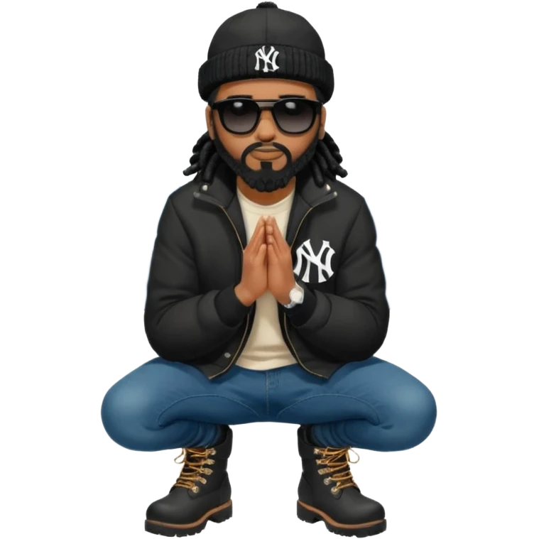 African American man with shoulder length black dreadlocks with black beard wearing black sunglasses wearing a black bubble winter coat wearing a New York Yankees baseball hat wearing denim skinny jeans and timberland boots kneeling in prayer emoji