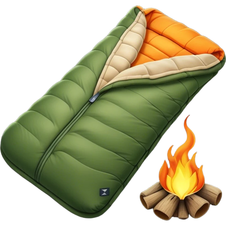 Cinematic Realistic Sleeping Bag, plush and slightly wrinkled, rich fabric texture catching the firelight, glowing with warmth and inviting coziness, nestled within a peaceful campsite. emoji