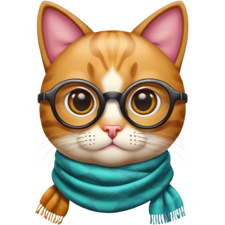 apple emoji style cat head, smooth and rounded, unique fur pattern and color, large eyes with varying eye colors, wearing both a scarf with different color and design and tinted glasses, focus on accessories, no body parts emoji