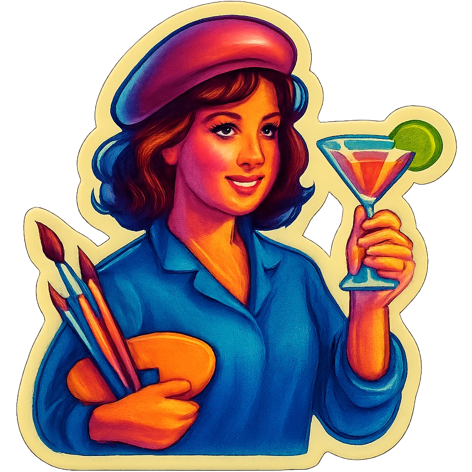 A sticker of a female artist with a glass of cocktail emoji