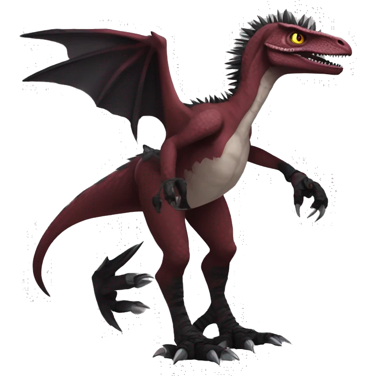 Maroon edgy badass modern sexy handsome punk velociraptor-dragon-Digimon, with black spiky mane, full body emoji