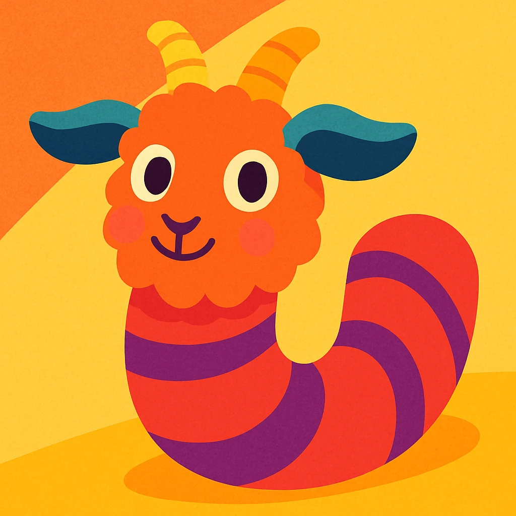 cute creature with goat's fluffy face and ears, smooth elongated worm body, friendly colorful illustration emoji