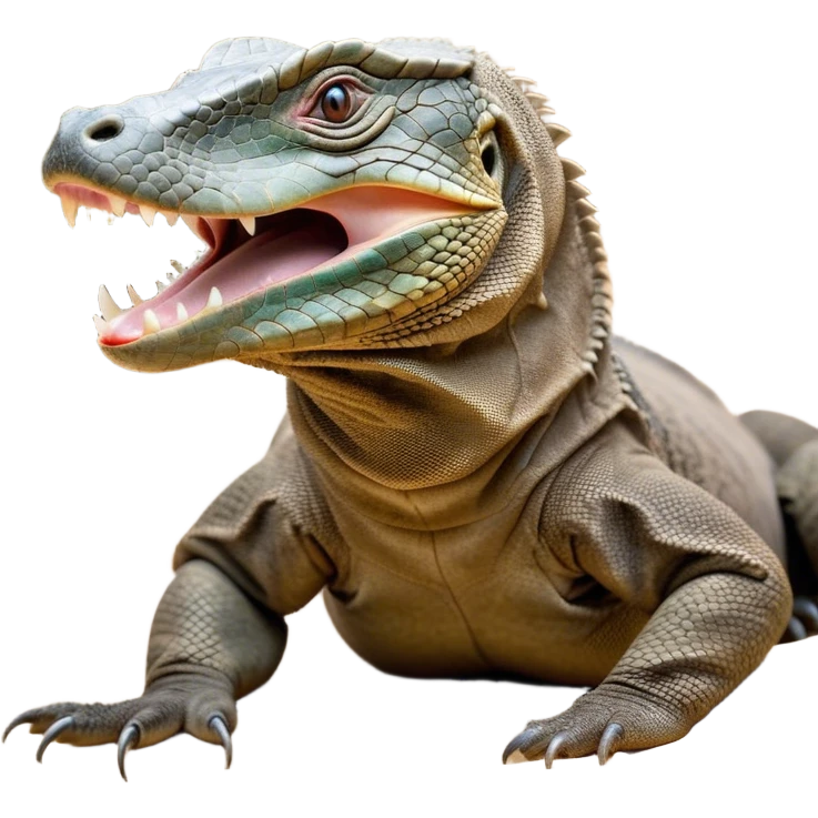 Cinematic Realistic Cute Yawning Komodo Dragon Portrait Emoji, Head tilted slightly with a dramatic, wide-open yawn, showcasing a soft, rugged scaled hide with subtly drooping features and half-closed, drowsy eyes rendered in authentic detail, high shine, relaxed yet expressive, styled with a dash of natural desert charm, soft glowing outline, capturing the essence of a sleepy yet affectionate Komodo dragon that appears ready to stretch out for a deep, restful nap! emoji