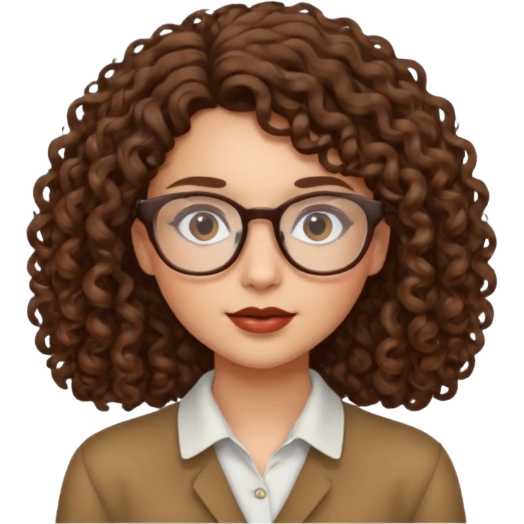 Young woman, curly brown hair, shoulder-length, brown lips, glasses emoji