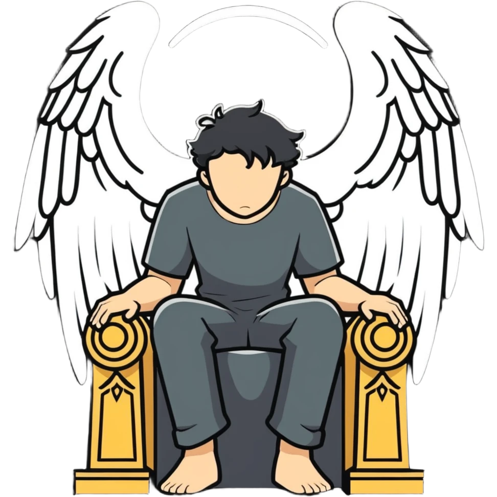 male fallen angel sitting on a throne at the top, looking down, sticker style emoji