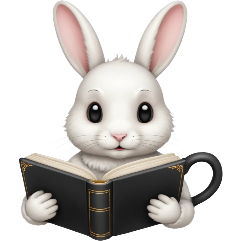 white rabbit with black book and tea cup emoji