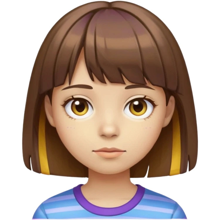 Girl with brown hair short with bangs, yellow skin, has a face like this "-_-", wearing a blue purple striped shirt. emoji