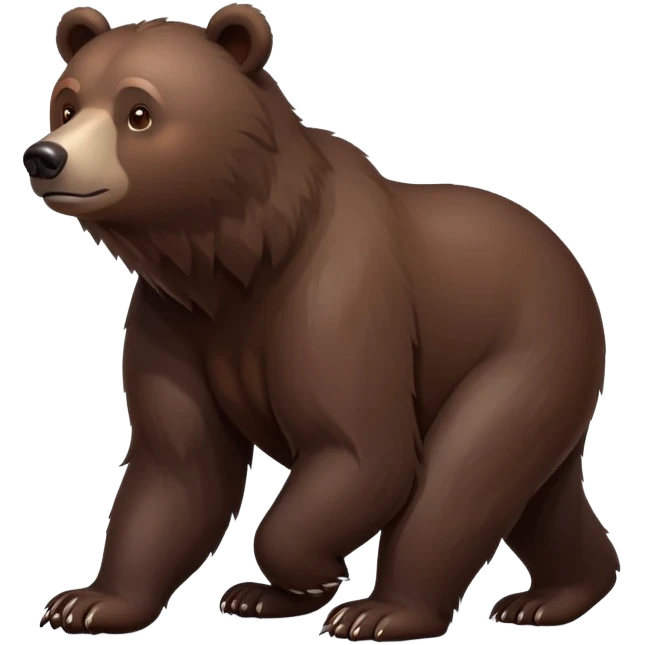 Minimalist darker brown bear walking on four paws, realistic features, deep chocolate brown fur emoji