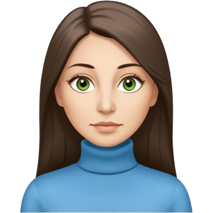 43 year old Adult woman avatar, light skin tone, long, oval face, long straight ashy brown hair, green almond-shaped eyes with dramatic eyelashes and minimal eyeliner, neutral mouth, medium straight eyebrows, average nose, smooth skin,  sky blue turtle neck  emoji