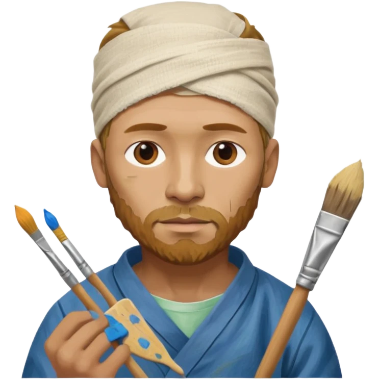 van gogh paints on a canvas. his ear is bandaged. emoji