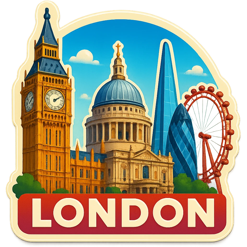 Adjust the coloring of the London emoji to be brighter, more true to life, and more daytime-like, removing the orange sunset tint. Keep the skyline, landmarks, lifelike detail, accurate colors, bright lighting, wide city view, and fully transparent background. Do not change anything else. emoji