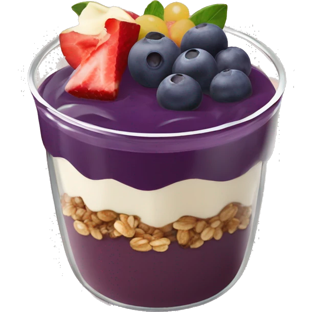 Açaí in a clear cup with layers of fruits and granola and condensed milk emoji