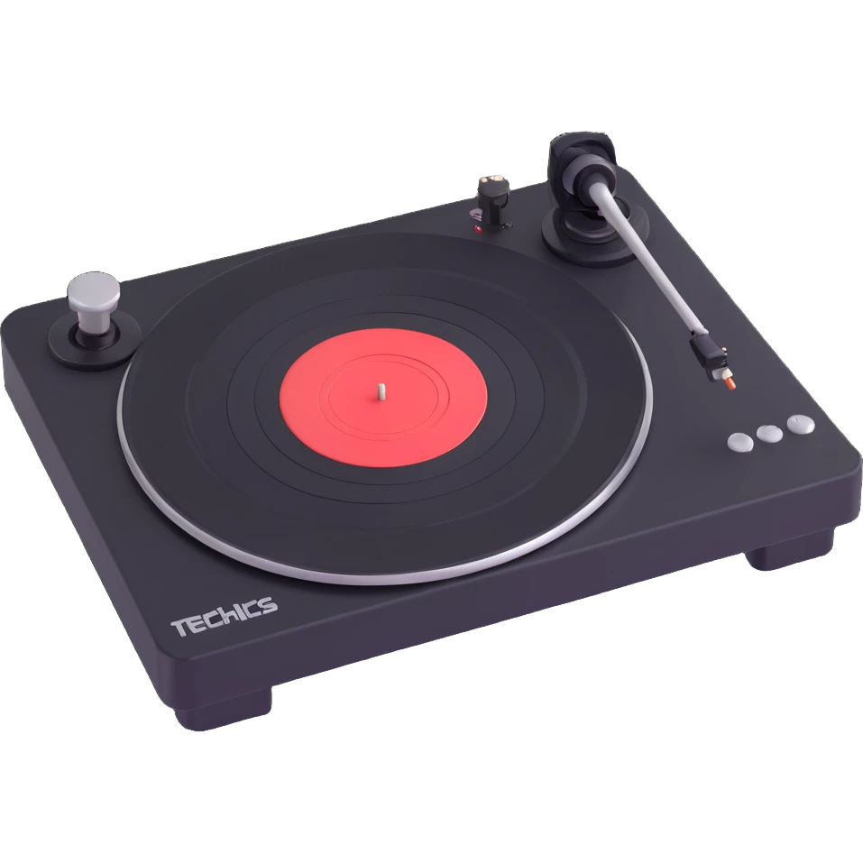 Make the Technics-style turntable look more vintage with playful rounded features in a Disney Pixar 3D style. Use a predominantly black color scheme, avoid neon colors entirely, and keep the look vintage and playful without neon. emoji