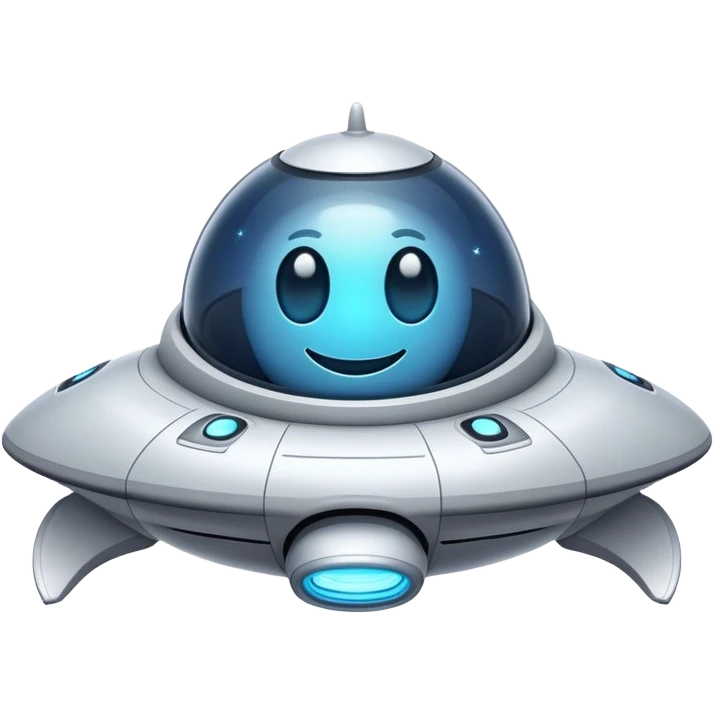 Design a simple, friendly spaceship with a smooth, rounded shape. Add a clear 'face' on the front using glowing lights for eyes and a curved line for a smile, giving it personality. Use a plain background to keep the focus on the ship emoji