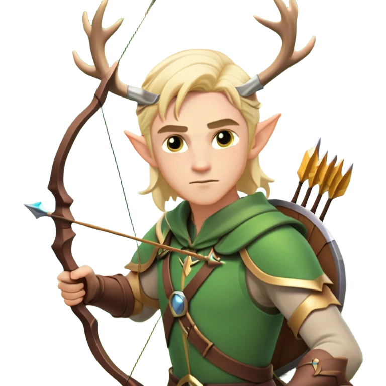 clash-of-clans-aesthetic-blond-male elf-archer-portrait-emoji, rendered in a flat, vector-style with minimal shading and bold holding his bow, simplified shapes, head tilted slightly forward with a determined, focused expression, riding a majestic stag whose antlers glow with mystical energy, set against an ancient, enchanted forest backdrop. emoji