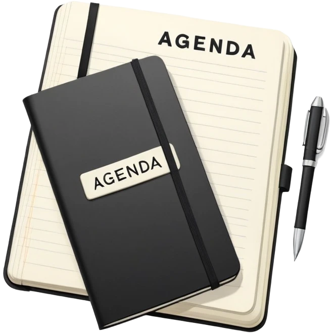 An open black Moleskine notebook with 'AGENDA' written in bold at the top of the page and meeting items with bullet points clearly visible below emoji