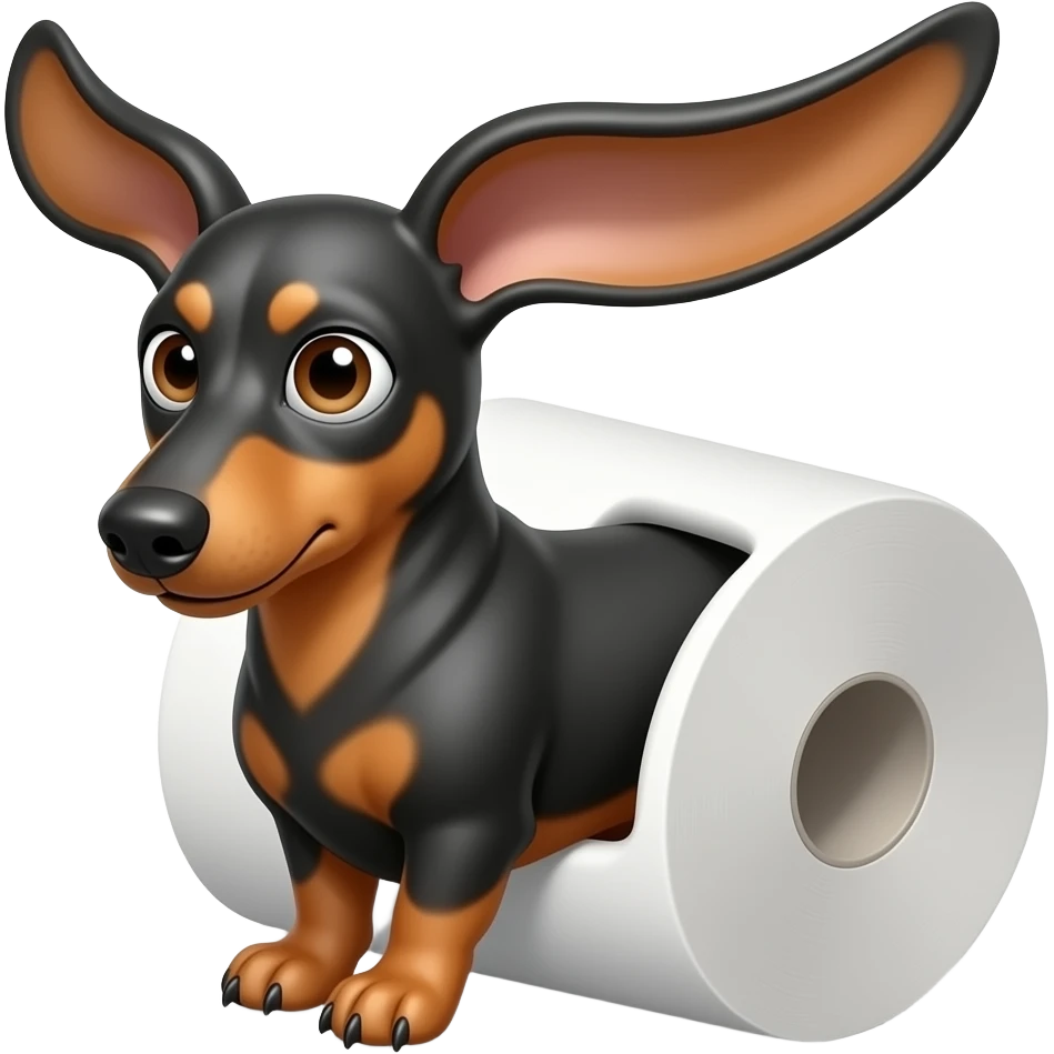 whimsical dachshund wide eyes full body sitting on a toilet paper ears up emoji
